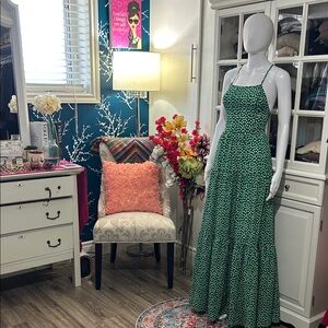 Green Polka-Dot Tiered Spaghetti-Strap Maxi Dress